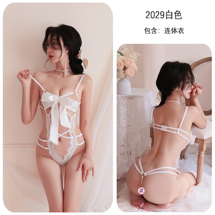 Long Night, romantic lingerie, sexy lace-up, cutout bow, lace seductive, Revealing breasts, halter jumpsuit 2029