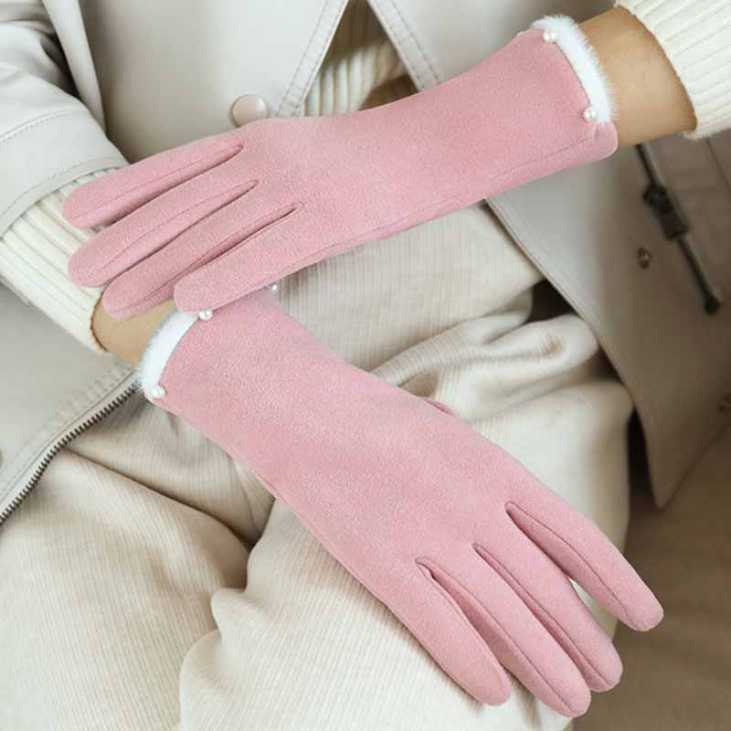 Winter Women Keep Warm Fashion Elegant Plush Wrist Cuff Pearl Gloves Luxury Fleece Soft Cycling Drive Touch Screen