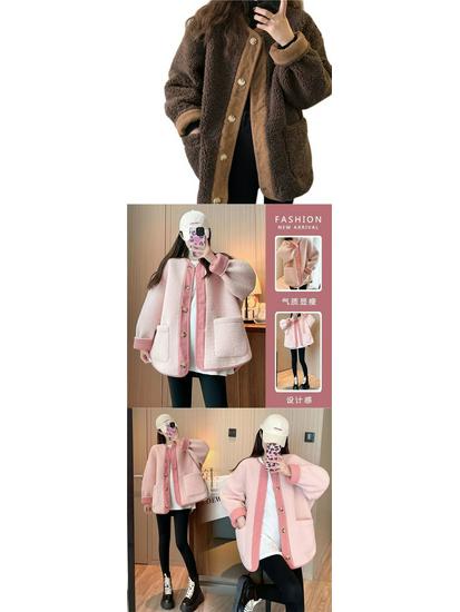 Korean Style Lamb Wool Corduroy Patchwork Coat - Women's Round Neck Loose Fit for Autumn and Winter