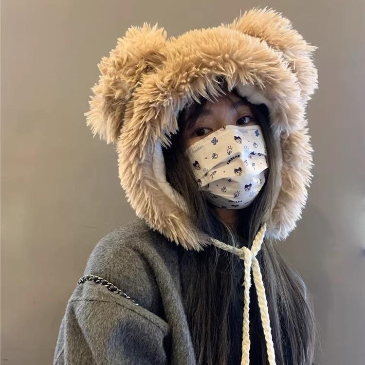 

Милая шапка с медвежьими ушками, женская зимняя шерстяная шапка, теплая, с утолщенными защитными ушками, для большого обхвата головы, подчеркивающая лицо, маленькая вязаная шапка