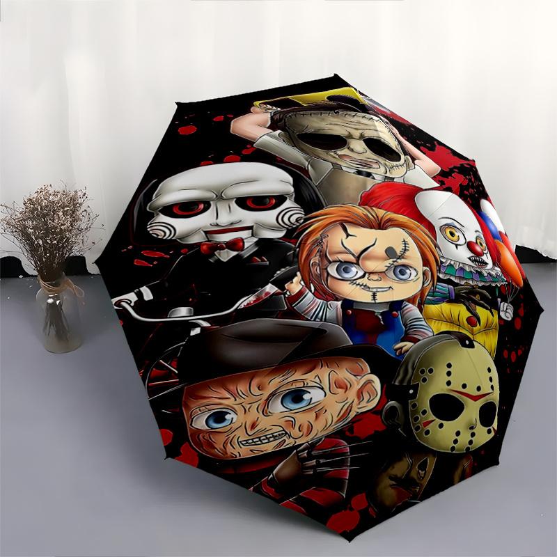 1pc Horror Icons Fully Automatic Folding Portable Umbrella, 8 Iron Frames, Three-Fold Design, Suitable for All Seasons, Suitable for Outdoor Use.D054