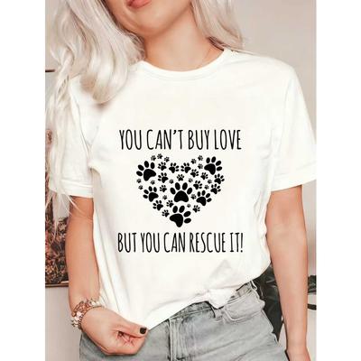 Schwarzes Oversized T-Shirt mit Pfotenabdruck-Herz und You Can't Buy Love But You Can Rescue It Text für Freizeitkleidung und Tierliebhaber-Outfits