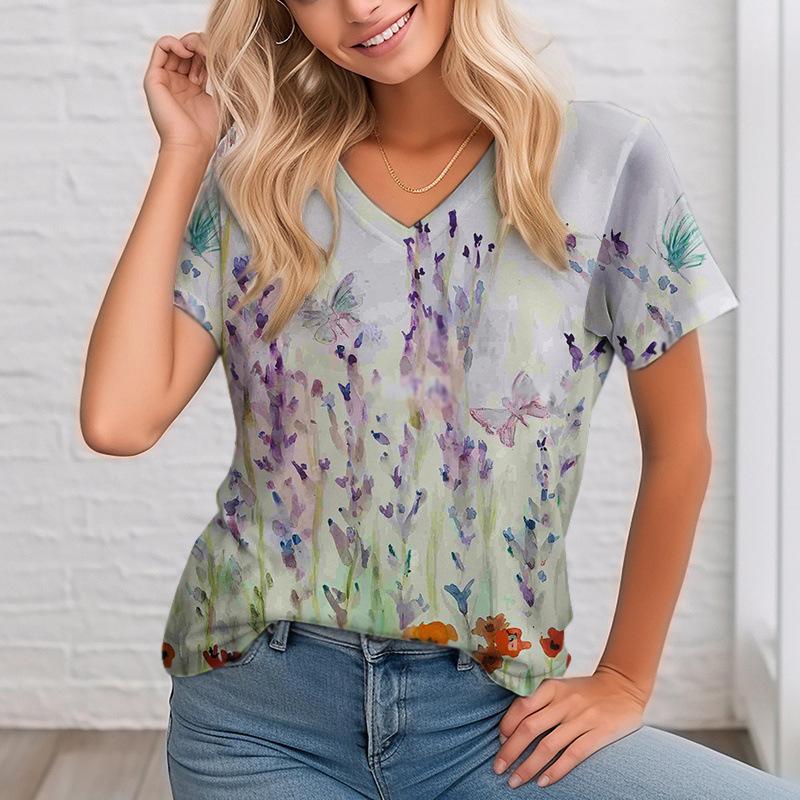 Women's V-neck Digital Printed Top Summer Short Sleeved Loose Women's Floral T-shirt