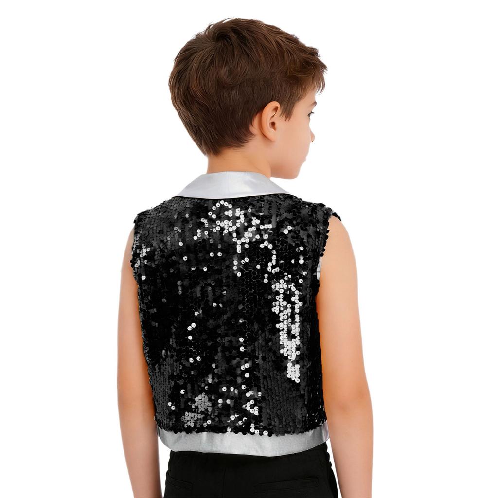 Gilet de Performance Scénique Danse Jazz pour Garçons à Franges Paillettes Scintillantes Revers de Couleur Contrastante Haut Sans Manches