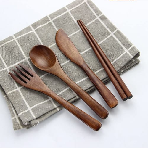YFWOOD 5-Piece Cutlery Set: Fork, Spoon, Chopsticks, Knife, and Storage Bag, 16cm Long, Made of Natural Wood with Genuine Lacquer Finish, Lightweight,