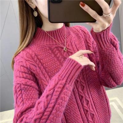 Half High Collar Pullover Fried Dough Twists Sweater for Women's Knitwear In Autumn and Winter Loose Outer Coat Thickened Bottom Coat