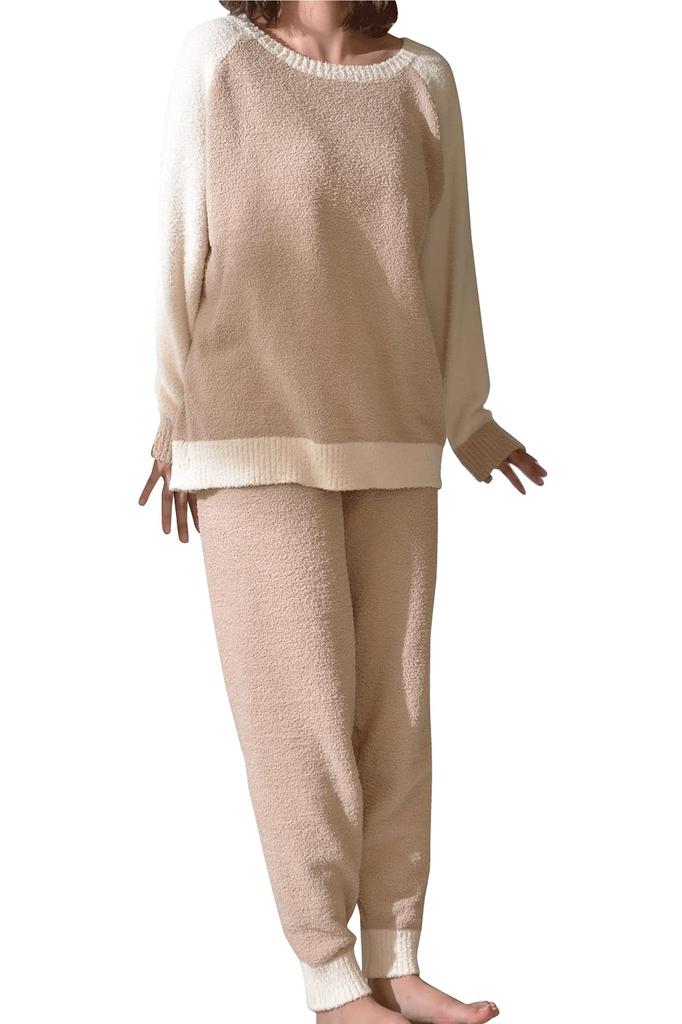 Aunii Long Sleeve Fluffy Pajama Perfect for Fall and Pullover and Perfect for Relaxing at Casual Solid Marshmallow Pastel 02110005 Women's Set,