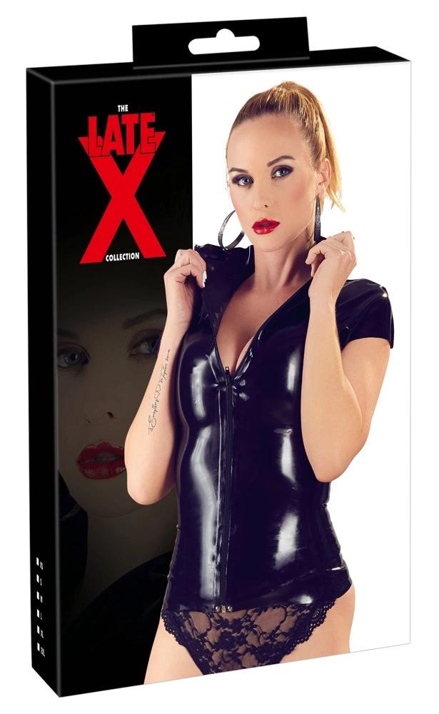 LATE X - Schwarzes Latex-T-Shirt mit Kragen und kurzen Ärmeln 2XL
