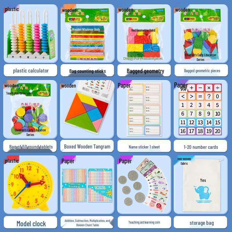 First Grade Math Teaching Aid Set with 3D Geometric Figures and Arithmetic Tools