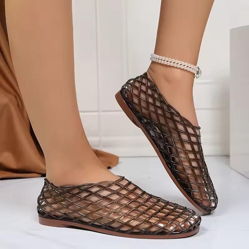 Hollow-Out Flat Open-Toe Mesh Crystal Sandals for Women, Summer Beach Casual Jelly Shoes