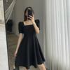 Hepburn Style Little Black Dress Women's Summer New French Retro Square Collar Medium and Long Black Bubble Sleeve Dress