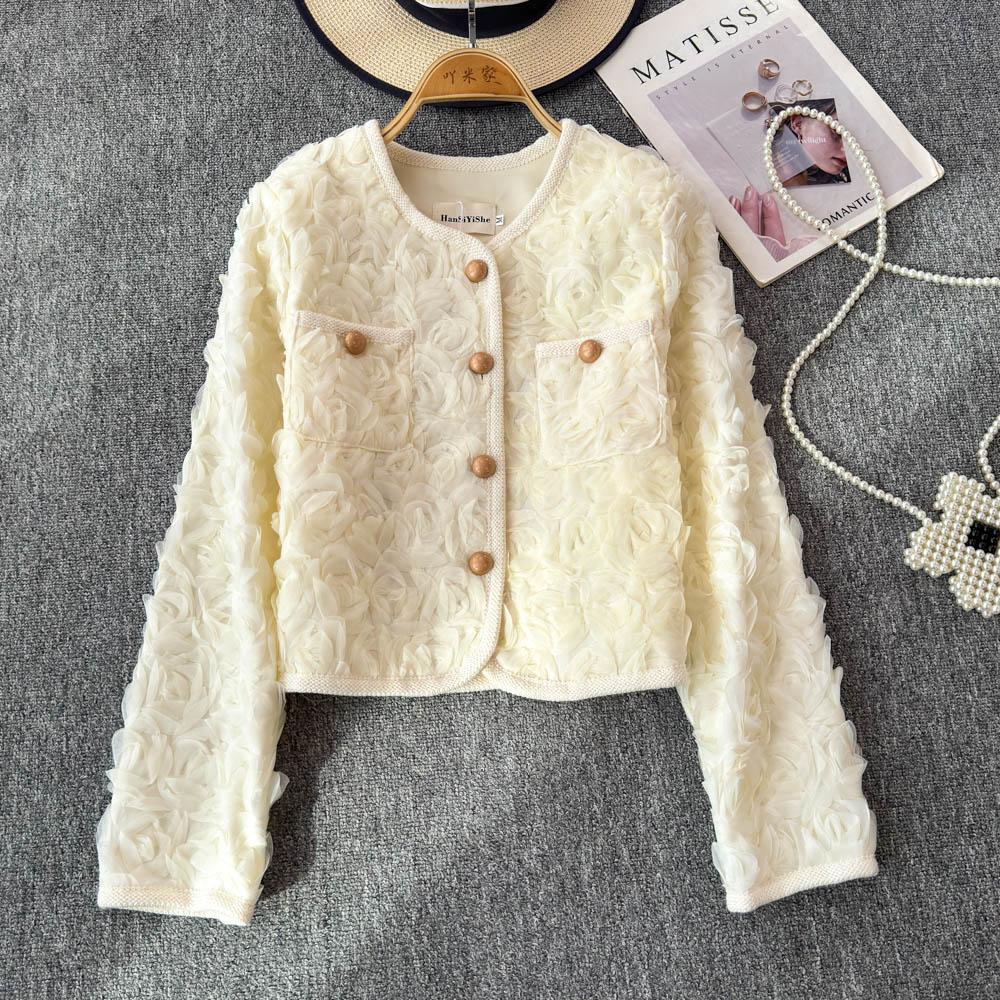 

Осень Весна Роскошная Французская Цветочная Короткая Куртка Женская Шикарные Металлические Пуговицы Длинный Рукав Однобортное Пальто Укороченный Топ Верхняя Одежда L бежевый