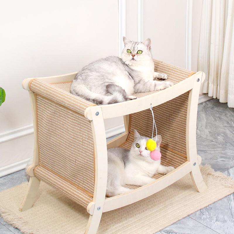 Two-Story Cat Bed with Rattan Mat, Sisal Scratching Post & Solid Wood Frame