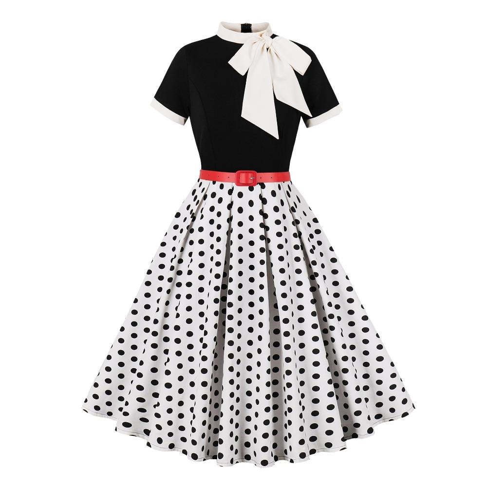 Women's Bow Tie Collar Short Sleeve Midi Dress A Line Mid Waist Floral Print Swing Dress Vintage Hepburn Party Dress With Belt