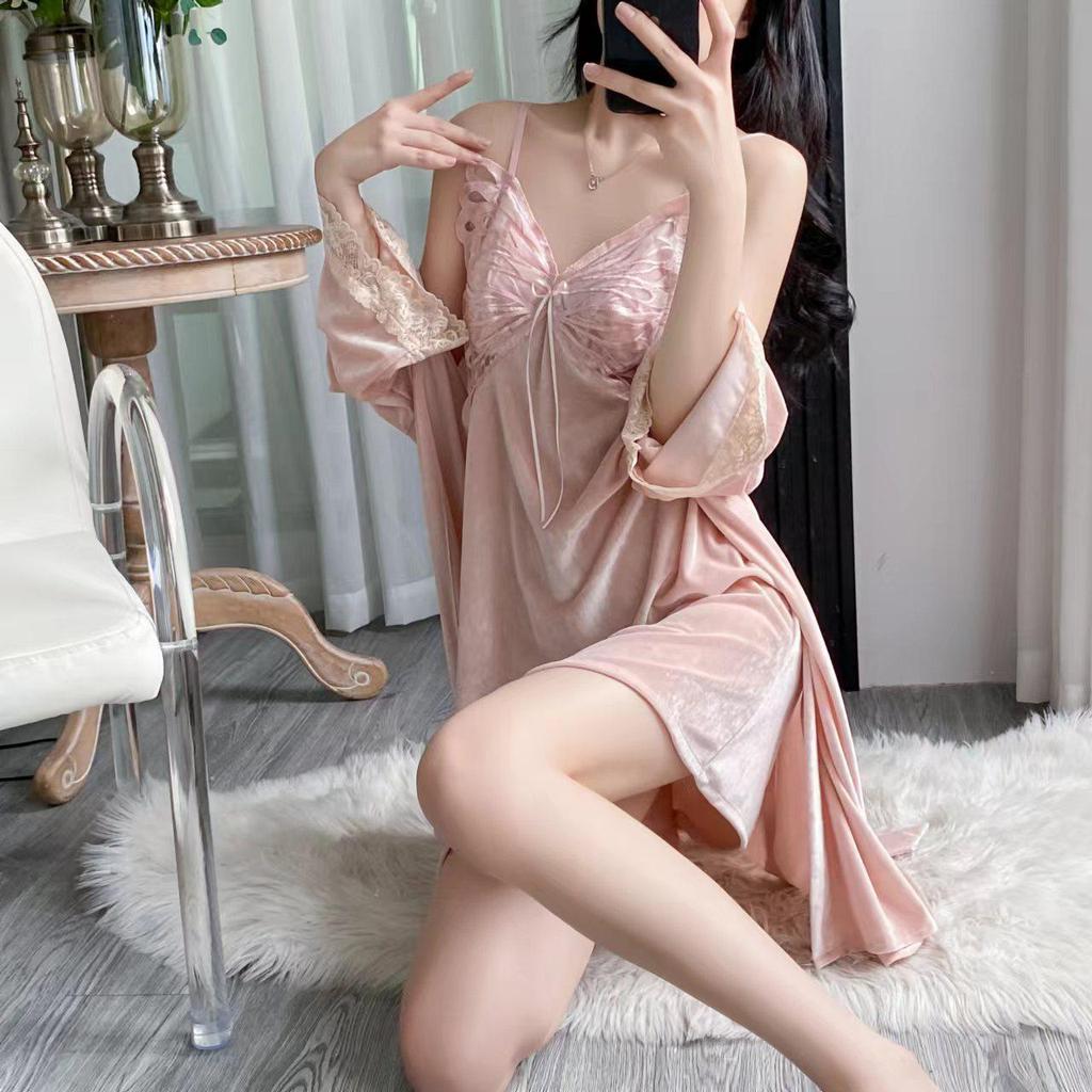 Women's Gold Velvet Butterfly Lace Pajama Set – Camisole and Beautiful Back Sleepwear with Chest Pads for Autumn/Winter.