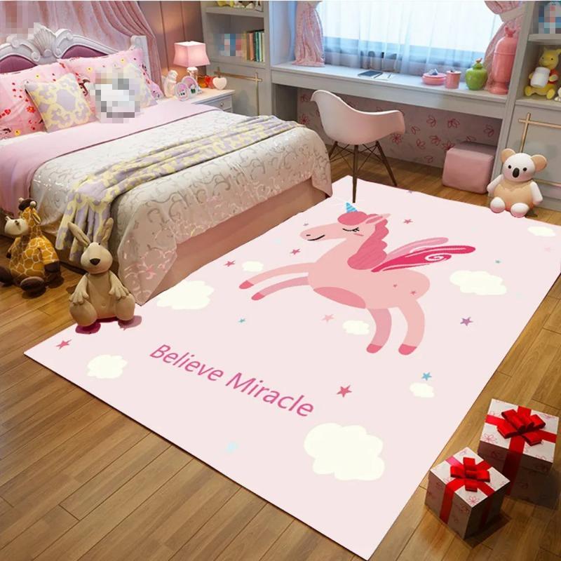 Kids Cartoon Unicorn Carpet Fantasy Animal Crawling Mat Doormat Living Room Area Rug Rainbow Shiny Girls Bedroom Soft Floor Mats