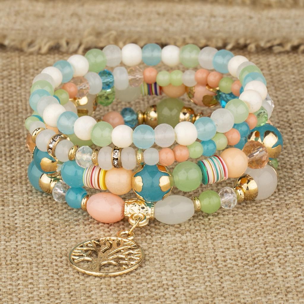 4Pcs Tree Of Life Charm Bracelet Set For Women Handmade Acrylic Beads Chain Bangle Female Boho Jewelry Accessories