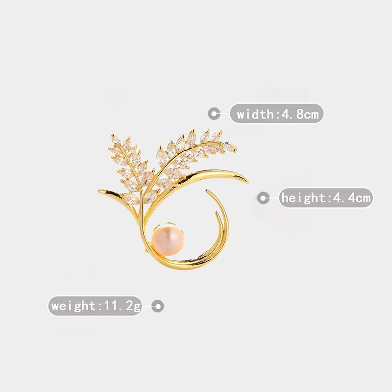Elegant Copper Inlaid Zirconia Leaf Brooch with Freshwater Pearl
