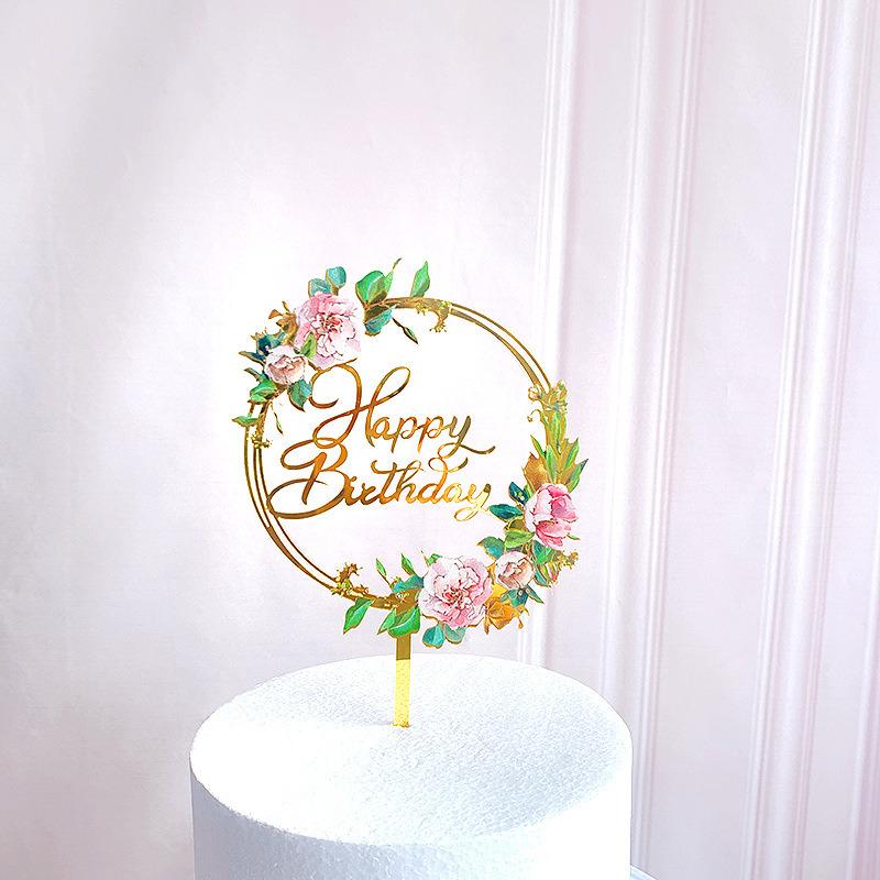 Neuer farbiger Blumen Happy Birthday Tortenaufsatz Goldener Acryl Geburtstagsparty Dessert Dekoration für Babyparty Backzubehör