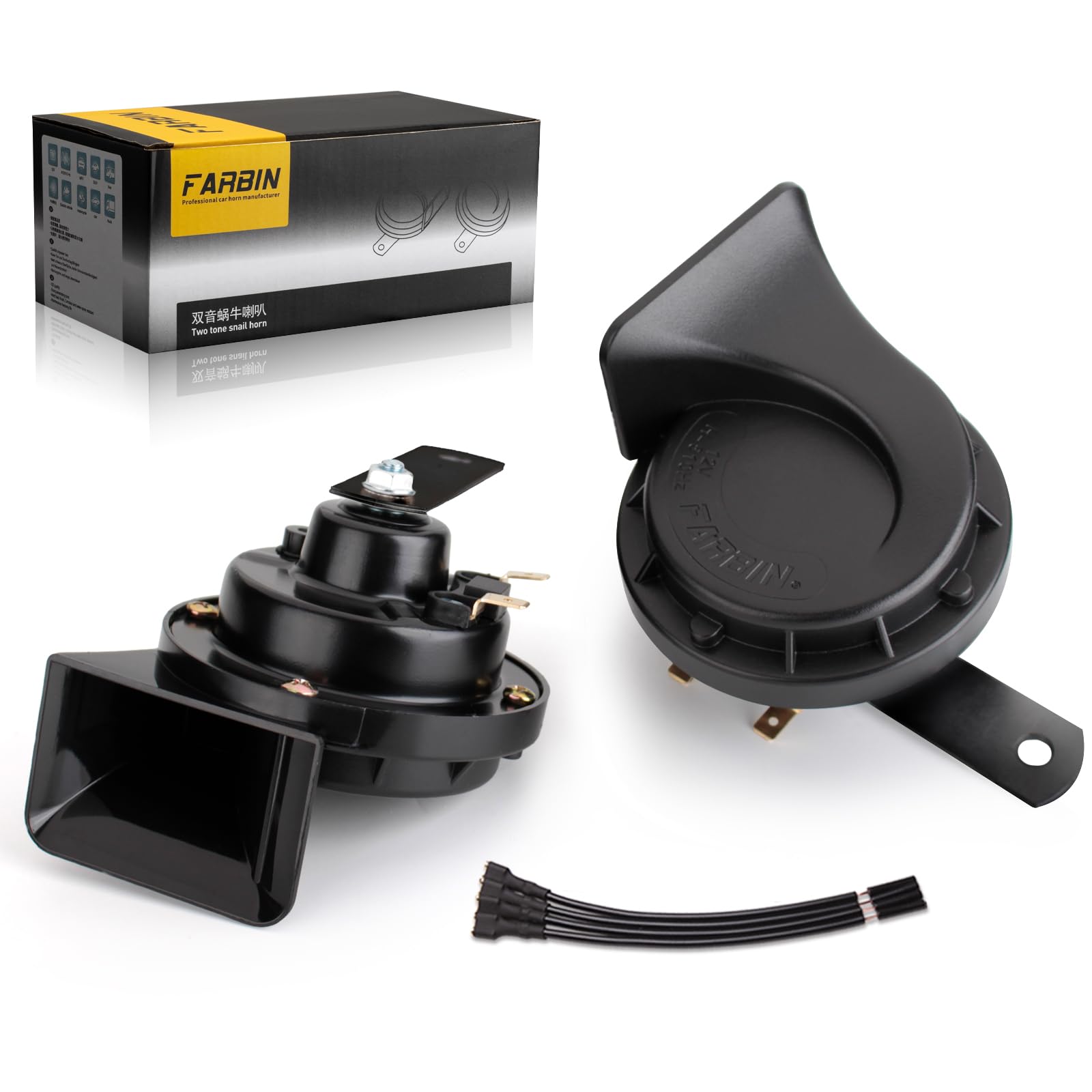 FARBIN 12V Universal Twin Tone Horn Set (410Hz + 510Hz High/Low Tone, 2 Horns Included, ABS Material, 120dB, Spiral Design, Powerful Sound, Vehicle In