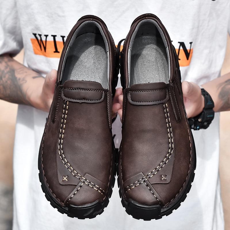 Mocasines marrones para hombre, zapatos de senderismo, sin cordones, hechos a mano, informales, de cuero, anchos, para exteriores, para papá, talla grande