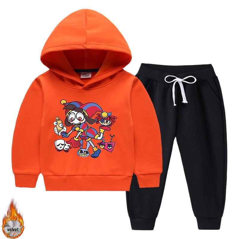 New Style Velvet-Enhanced Hooded Sweatshirt Two-Piece Set for Boys and Girls - Thick Warm Clothing for Autumn and Winter