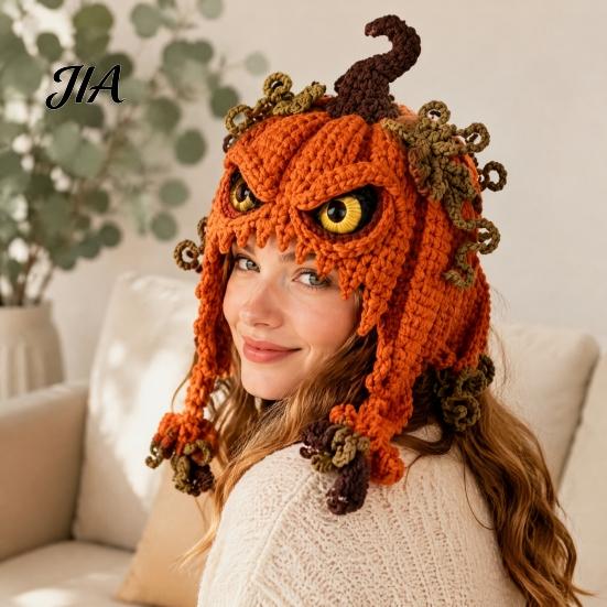 Art Class Supplies Halloween Animal Hood Crochet Kit, Skull Spider Bat Hat DIY Fashionable Earflap Spooky Pumpkin Craft Kit for Adults Teens,