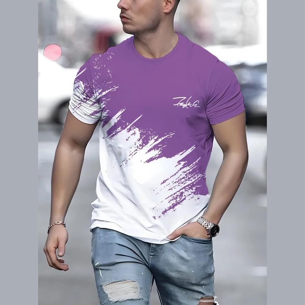 Summer Round Neck Gradient Color Block 3D Print Top Fashionable Casual Short Sleeved Men's T-shirts