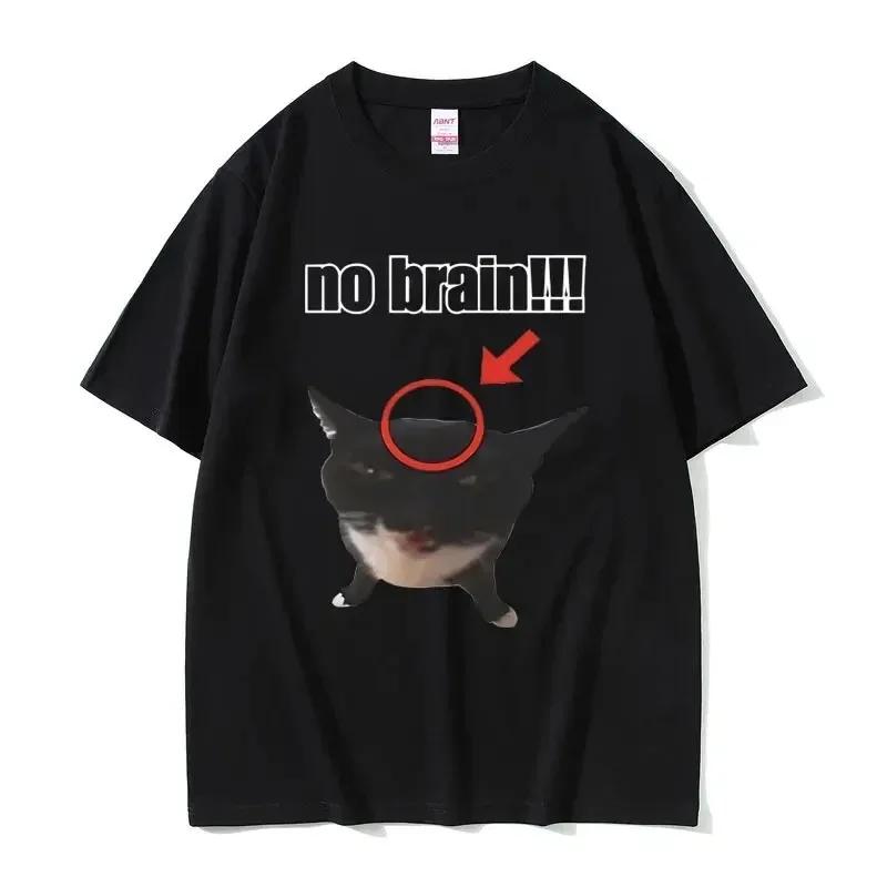 Funny Cat No Brain Graphic Print T Shirts Women Joke Humor Cute Kawaii Meme Tshirts Women Casual Tees Short Sleeve S