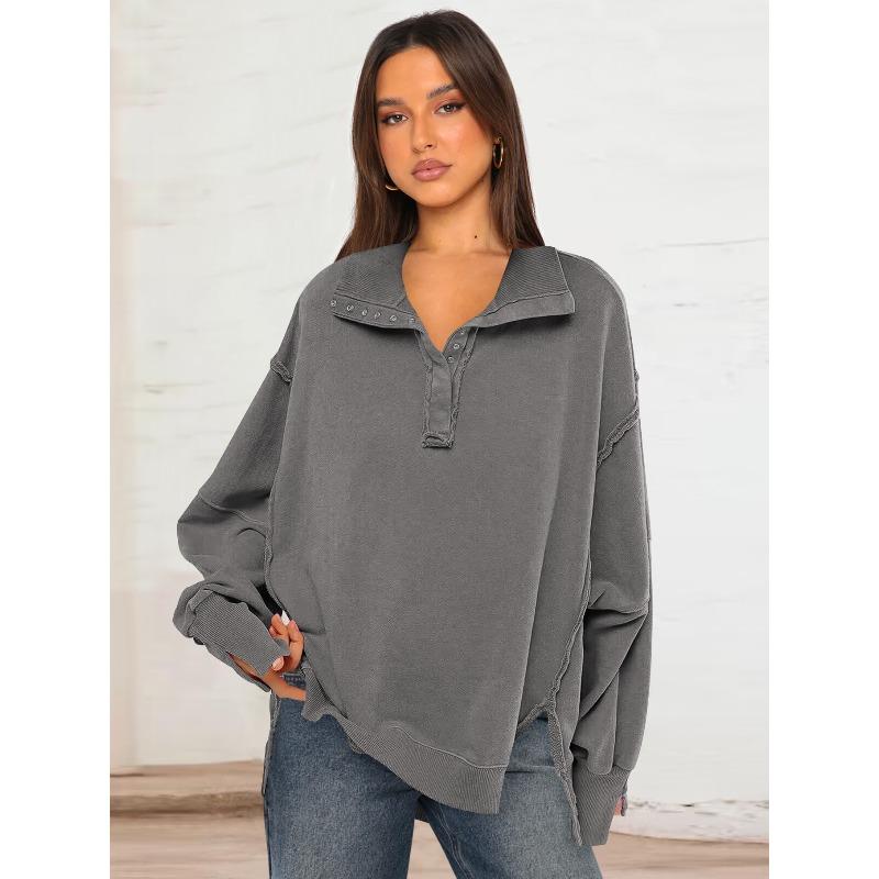 

women s Oversized Raw Edge Button Polo Collar Lantern Long Sleeve Split Hem Sweatshirt Casual Top S