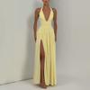 Summer New Women's Clothing Banquet Style Solid Color Sexy Deep V Neck Halter Pleated Waist Dress Dress