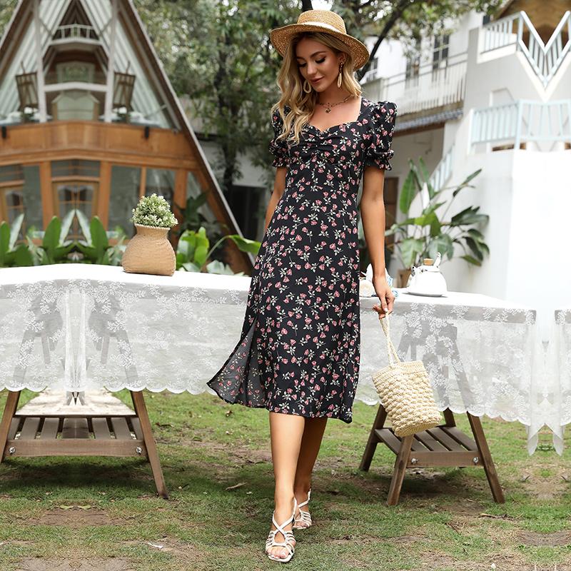 YYFS Dámská móda Léto Jaro Květinový potisk Neformální šaty s krátkým rukávem a výstřihem do V s vysokým pasem
