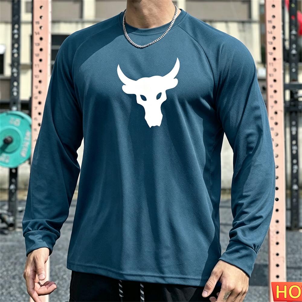 Autumn Men's Long sleeved T-shirt Bull Head Pattern Men's Fitness T-shirt Polyester Elastic Sports T-shirts Breathable Gym clothing