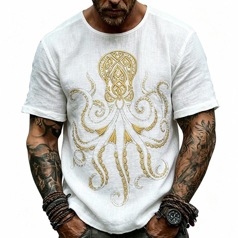 Camiseta de Manga Corta para Hombre de Mezcla de Lino Color Beige con Estampado de Pulpo