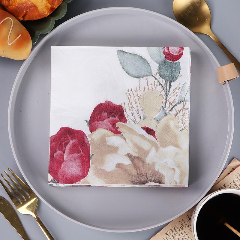 Bud Flower Disposable Printed Paper Napkins - Party Handkerchiefs Made from Wood Pulp