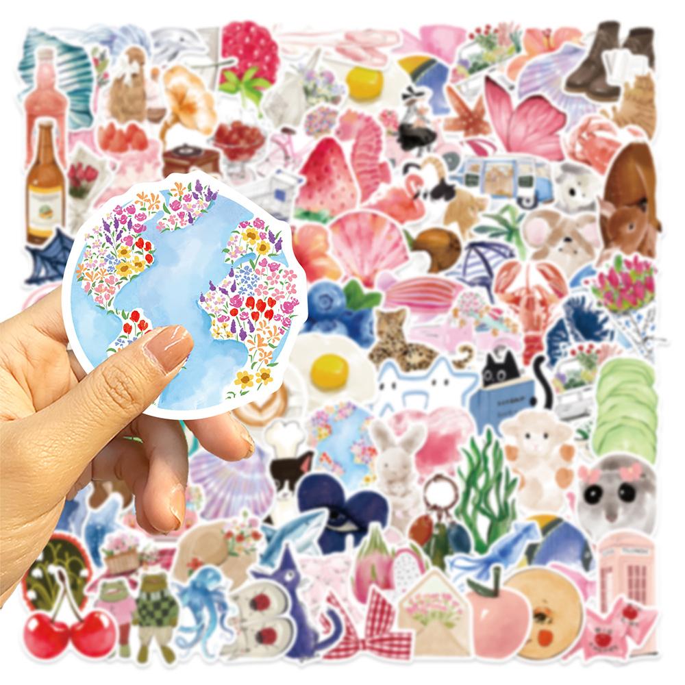 10/30/50/100pcs INS Style Watercolor Cartoon Stickers Aesthetic Decals Waterproof Decorative Scrapbook Phone Cute Sticker Gifts