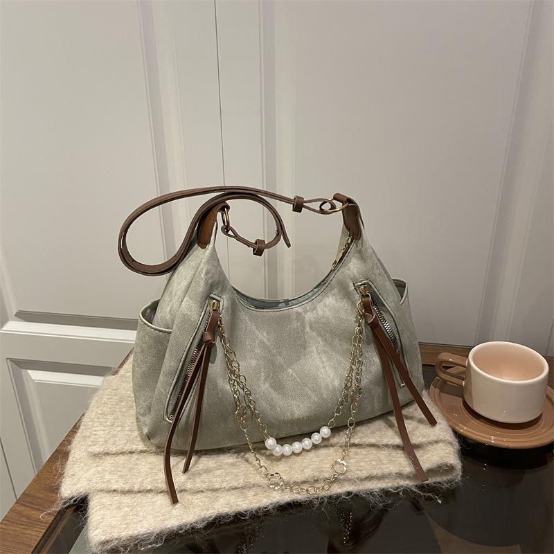 

Women s bag 2 new trendy versatile casual large-capacity pearl chain texture shoulder tote bag зелёный