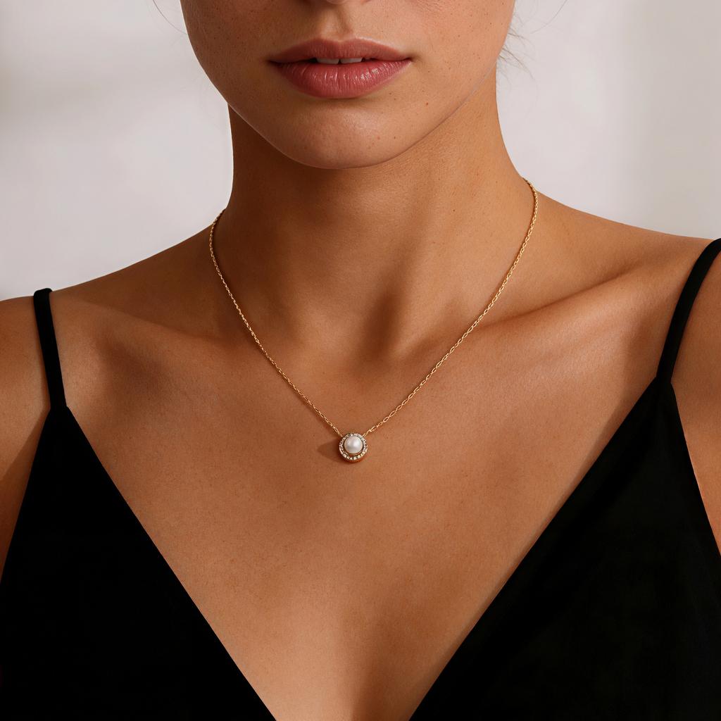 Korean Gentle Pearl Full Diamond Necklace Super Flash Titanium Steel Necklace Women Do Not Fade Summer Versatile Gift