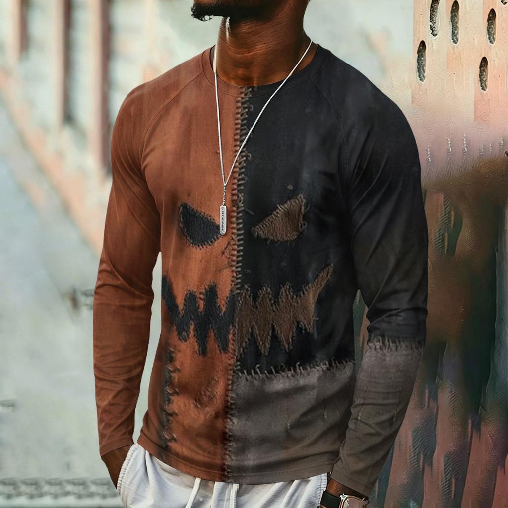 Men's Halloween Printed Neck Lightweight Long Sleeve T-Shirt for Casual Wear