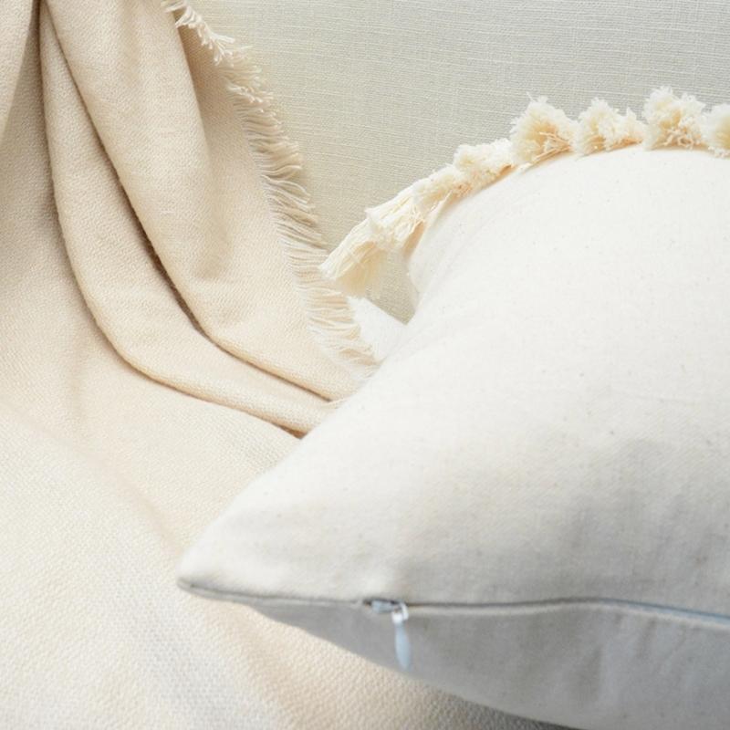 Soft Cotton-ramie Pillow Covers, European Style With Tassels Cushion Cover Shell for Sofa Bedroom Cream Beige Stylish