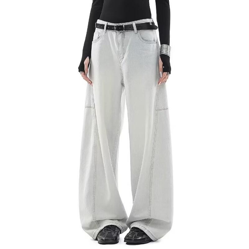 ICH MODE Washed Retro Straight Wide-Leg Jeans for Women