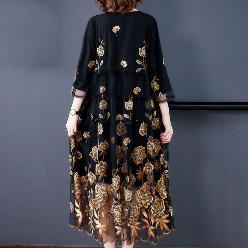 Rochie lungă rotundă brodată pentru femei, plasă, toamnă, largă, linie A, mărimi mari