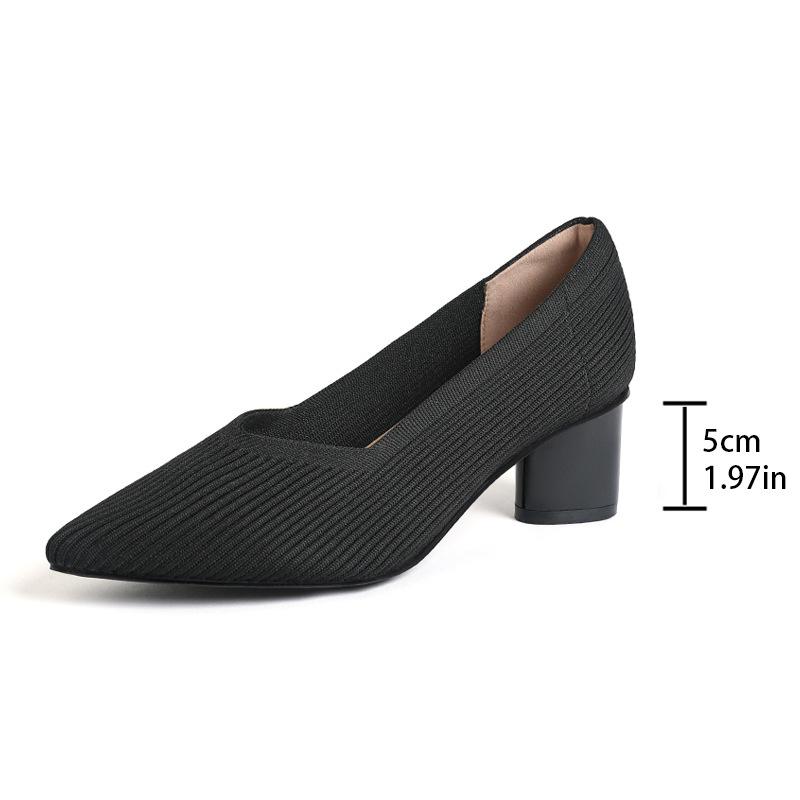 Fashion 2025 Pointed Toe Middle Heel Breathable Comfortable Knitted Shoes Women Shallow Mouth Chunky Heel Fashion Zapatos De Mujer Pumps
