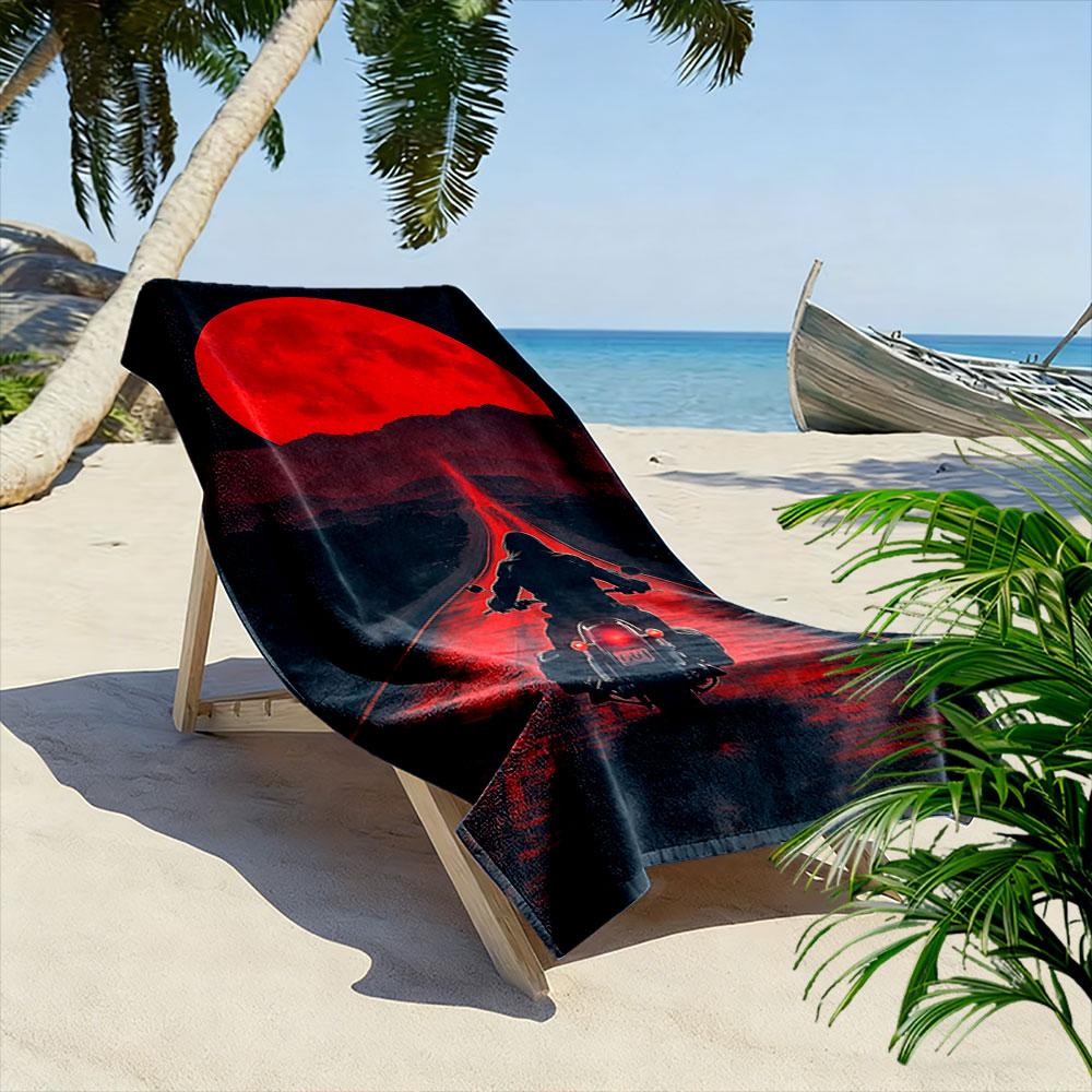 Ride under crimson skies. Print beach towel, quick drying, suitable for travel, outdoor sports, jogging, the beach and swimming, gift