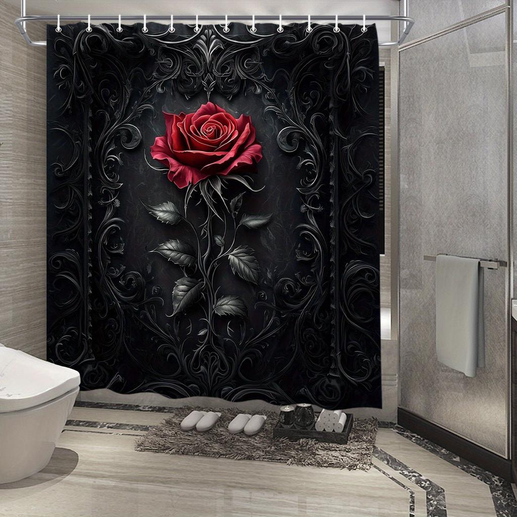 Gothic Red Rose Shower Curtain - Elegant Black Polyester, 3D Floral Design, 12 Hooks, Dramatic Ornate Decor