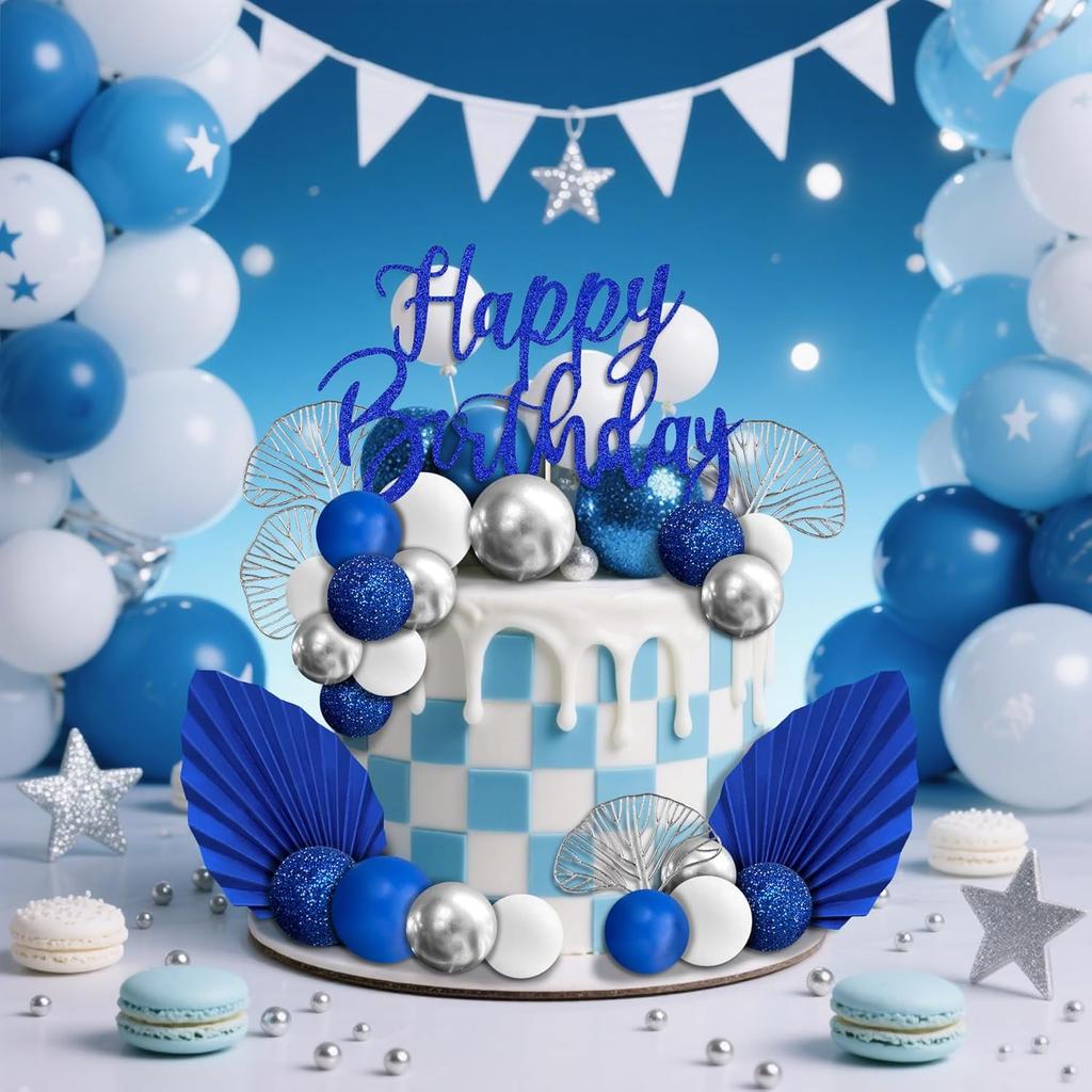 Blue White Silver Balls Cake Toppers Boho Cake Topper Blue Cake Decorations for Birthday Baby Shower Gender Reveal Party
