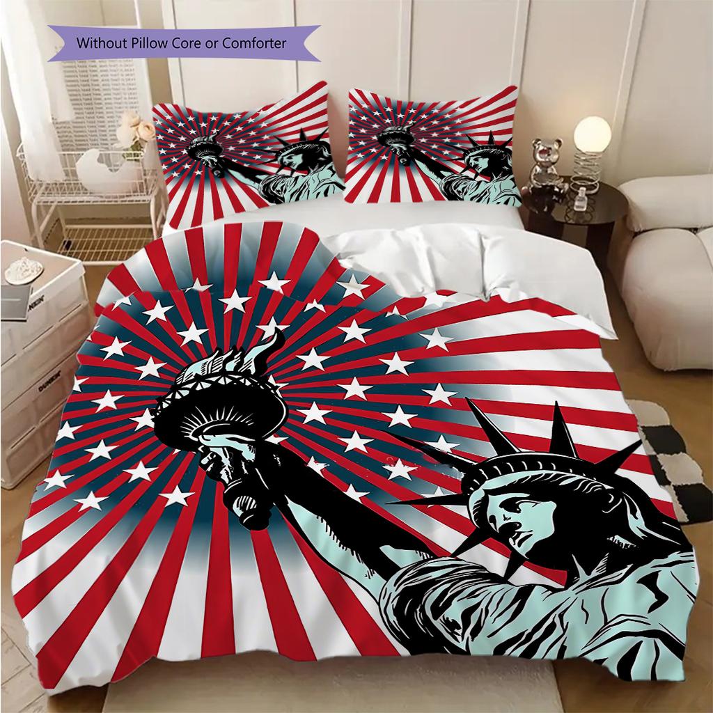 Patriotic Theme Statue of Liberty Bedding, Duvet Cover, Pillowcase, Home Decoration, Birthday Gift (1 * Duvet Cover+2 * Pillowcase, Coreless)