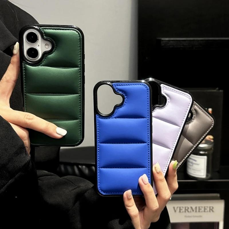 Weiche Daunenjackenstoff Handyhülle für iPhone 16 15 14 13 12 11 Pro Max 16Pro Hülle Die Puffer Winter Stoßfeste Schutzhülle