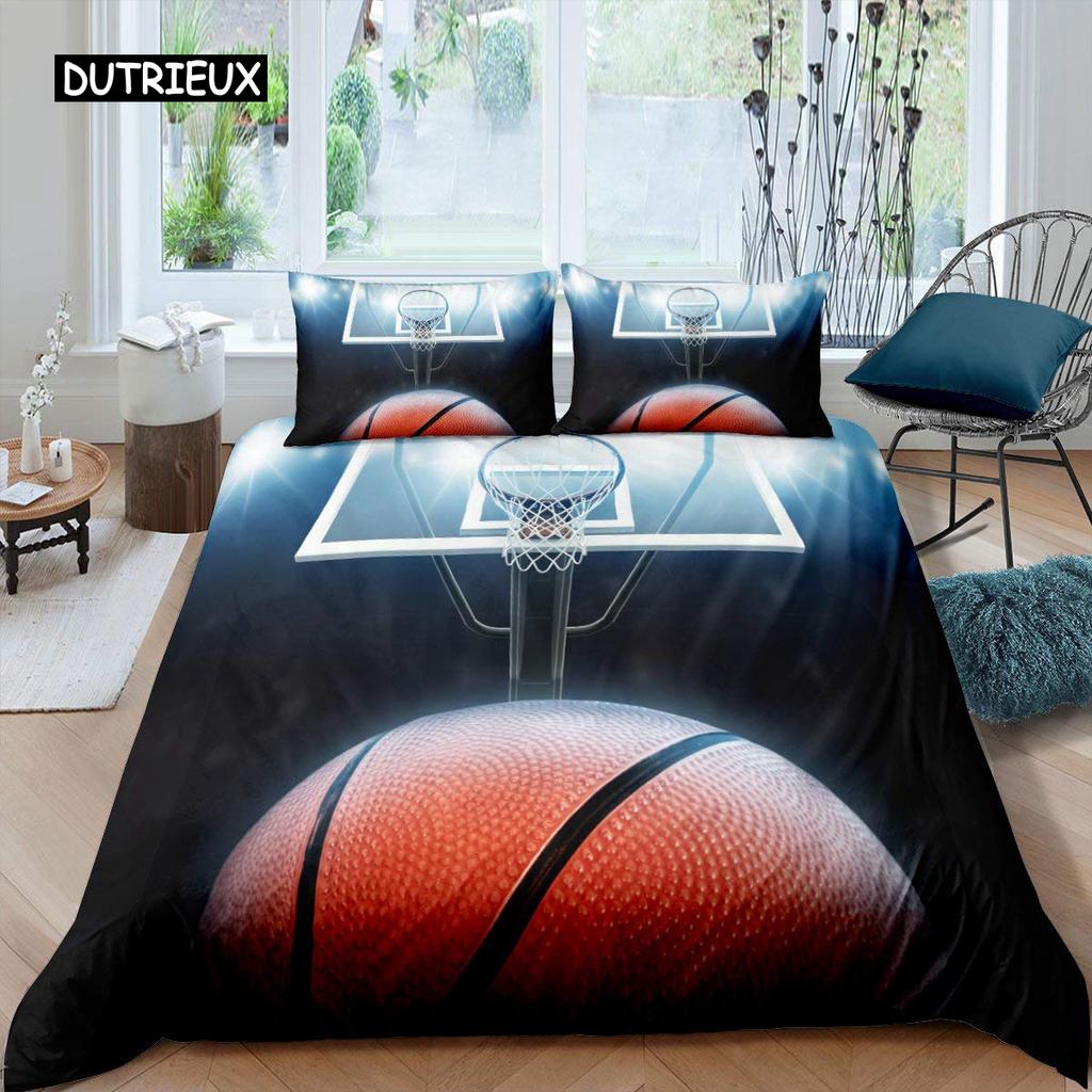 Juego de funda nórdica de baloncesto, juego de cama con temática deportiva de pelota 3D negra, juego de edredón de microfibra para cancha de baloncesto, juegos competitivos, tamaño King