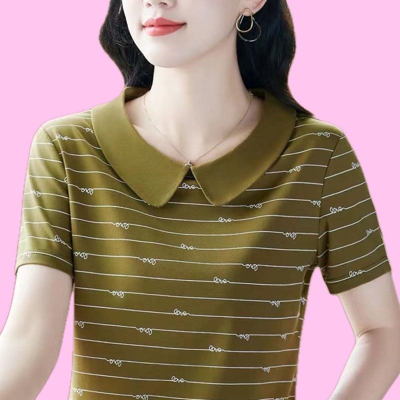 Damen Sommer Kurzarm T-Shirt Neu Locker Lässig und Vielseitig Altersreduzierend Oberteil mit Puppenkragen für Mütter mittleren Alters